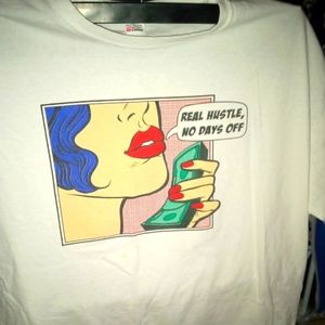 White tee shirt with cartoon caption